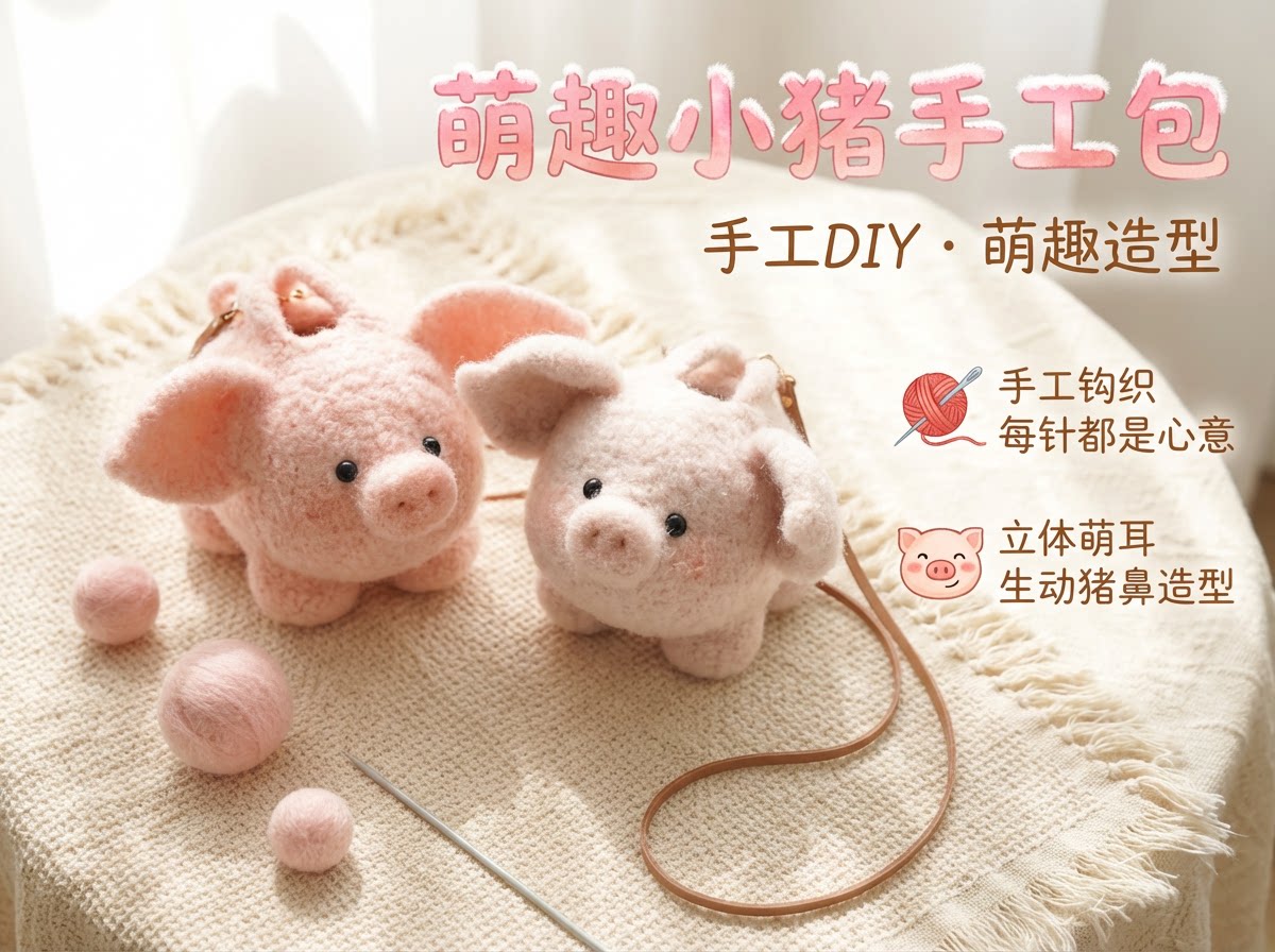 羊毛毡化猪猪包手工钩织存钱包diy单肩斜挎包时尚百搭玩偶猪包包