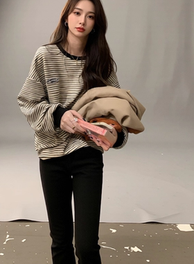 条纹T恤打底衫女2025秋季新款圆领长袖卫衣女韩版上衣服女装外贸
