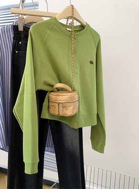 绿色长袖无帽卫衣女春秋2024新款爆款宽松短款棒球服外套开衫