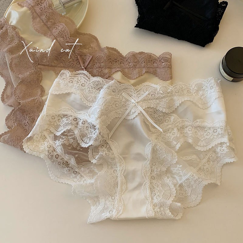 新款纯欲性感蕾丝内裤交叉少女缎面冰丝低腰透气网纱内裤女