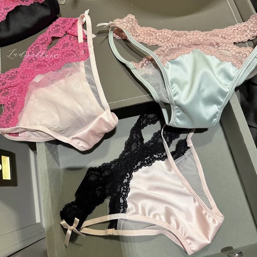 高级感绸面透明网纱拼接交叉镂空蕾丝内裤女士性感纯欲半包法式