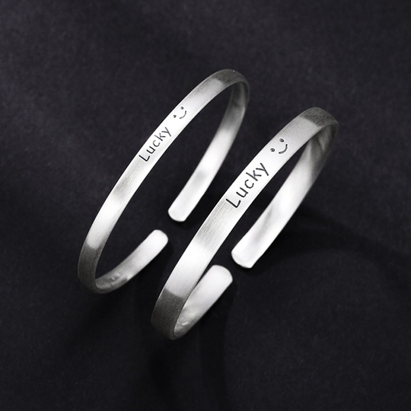 足银999纯银男士手镯情侣手镯泰银Lucky笑脸镯子手环情人节礼物