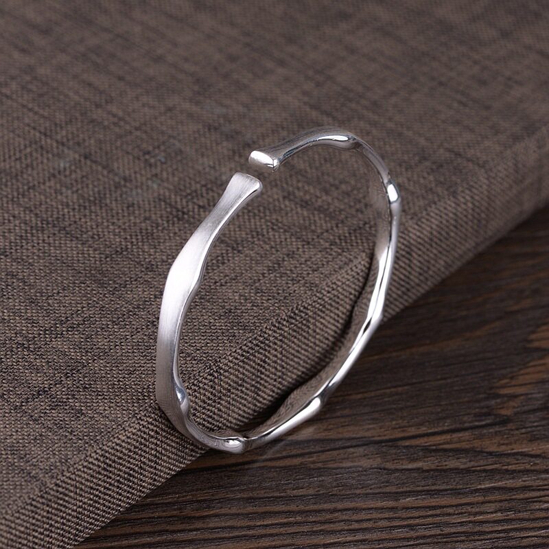 999足银手镯竹节简约开口银镯子纯银情侣手镯男女款情人节礼物