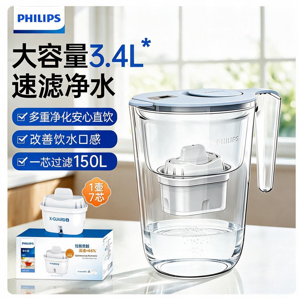 飞利浦净水壶厨房净水器自来水过滤壶滤水器家用3.4L新款过滤水壶