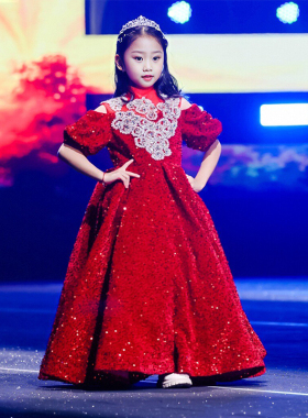 儿童礼服公主裙女童高端红色亮片年会主持晚礼服小女孩舞台演出服
