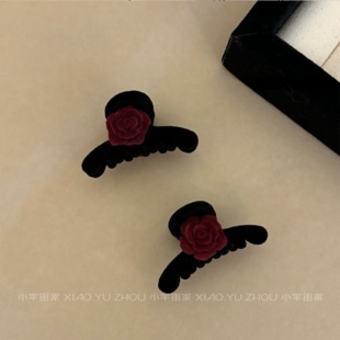 复古玫瑰花朵植绒发夹韩系新款酒红刘海夹公主头气质抓夹侧边夹子