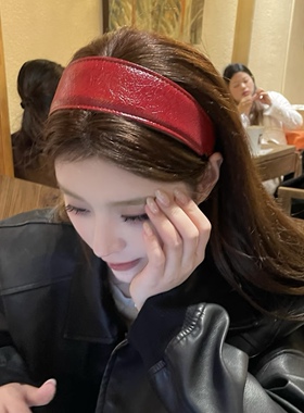可以封神的红色宽边PU皮发箍女秋冬高级感洋气高颅顶圣诞新年头箍