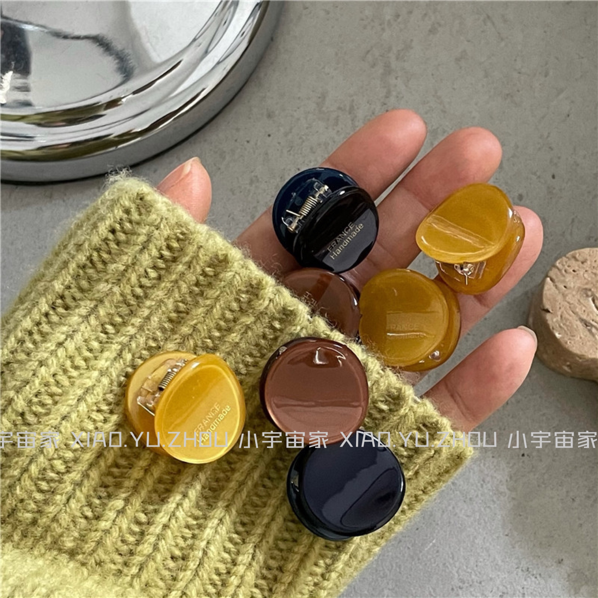 质感咖橘色圆形迷你侧边刘海夹可爱小抓夹韩国质感醋酸发夹发抓女