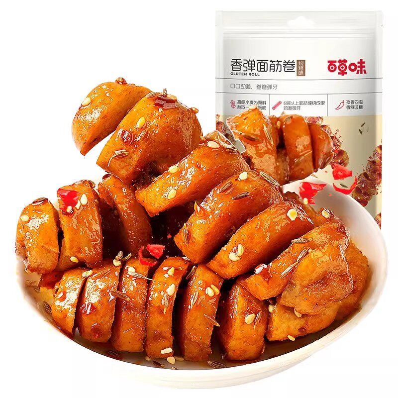 百草味香弹面筋卷135g烧烤味休闲怀旧零食卤味豆干豆腐干素食网红