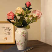 景德镇手绘桃花粗陶花瓶中式 复古水培绿植花插花器不带孔桌面摆件