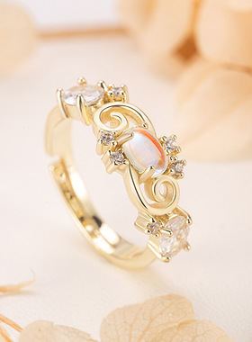 月光石皇冠活口戒指小众设计感恋人指环百搭轻奢开口首饰品