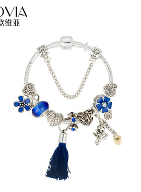 欧美爆款流苏天使吊坠手链diy宝蓝色滴油花水晶串珠手链厂家