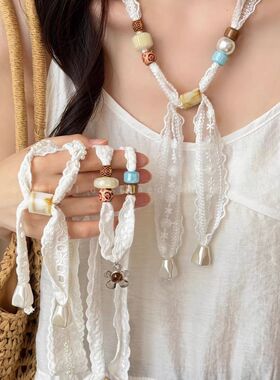 彩色串珠蕾丝丝巾项链女春日出游氛围感抽拉锁骨链长条飘带配饰品