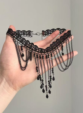 2026黑色蕾丝项链女水滴流苏吊坠颈带choker暗黑系时尚精致锁骨链