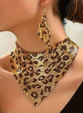 欧美豹纹亮珠片女士三角巾项链+耳环个性潮流首饰套装 夸张锁骨链