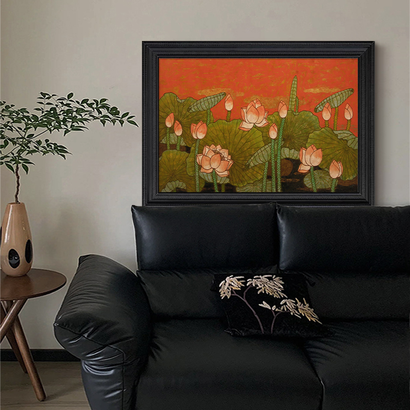 日式复古荷花池塘风景客厅卧室装饰挂画玄关中古风橙色系手绘油画图片