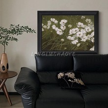 侘寂风客厅玄关植物白色花卉高级感手绘油画法式卧室中古装饰挂画