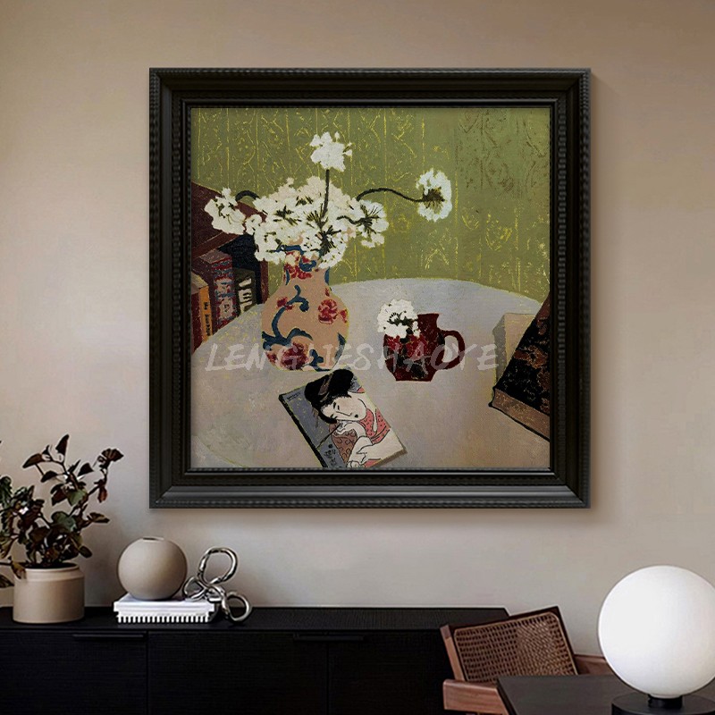 日式风格绿色系纯手绘油画花瓶花卉客厅餐厅装饰画玄关中古风挂画图片