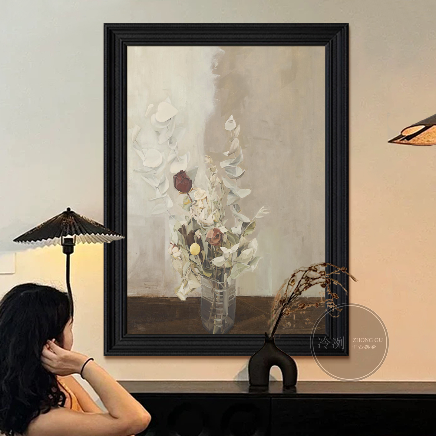 素瓶清韵》法式中古风玻璃瓶花束淡雅手绘油画客厅挂画玄关装饰画图片