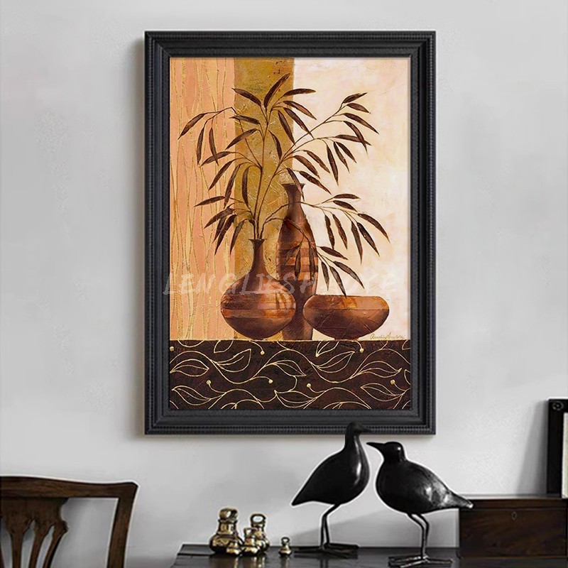新中式中古手绘油画桌面摆件花瓶客厅卧室装饰画抽象玄关丙烯挂画图片