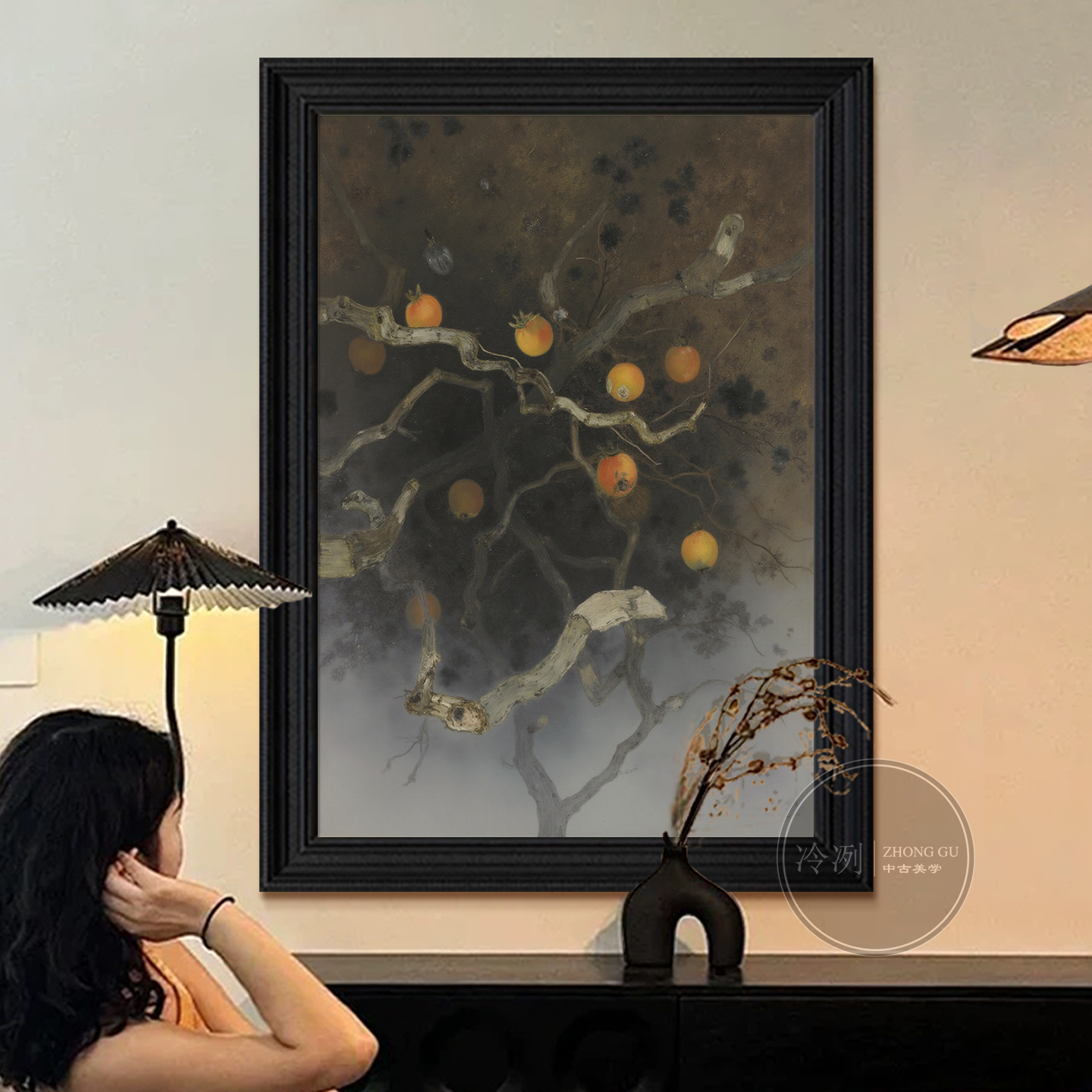 事事如意中古风手绘油画柿子水果客厅挂画玄关过道复古艺术装饰画图片