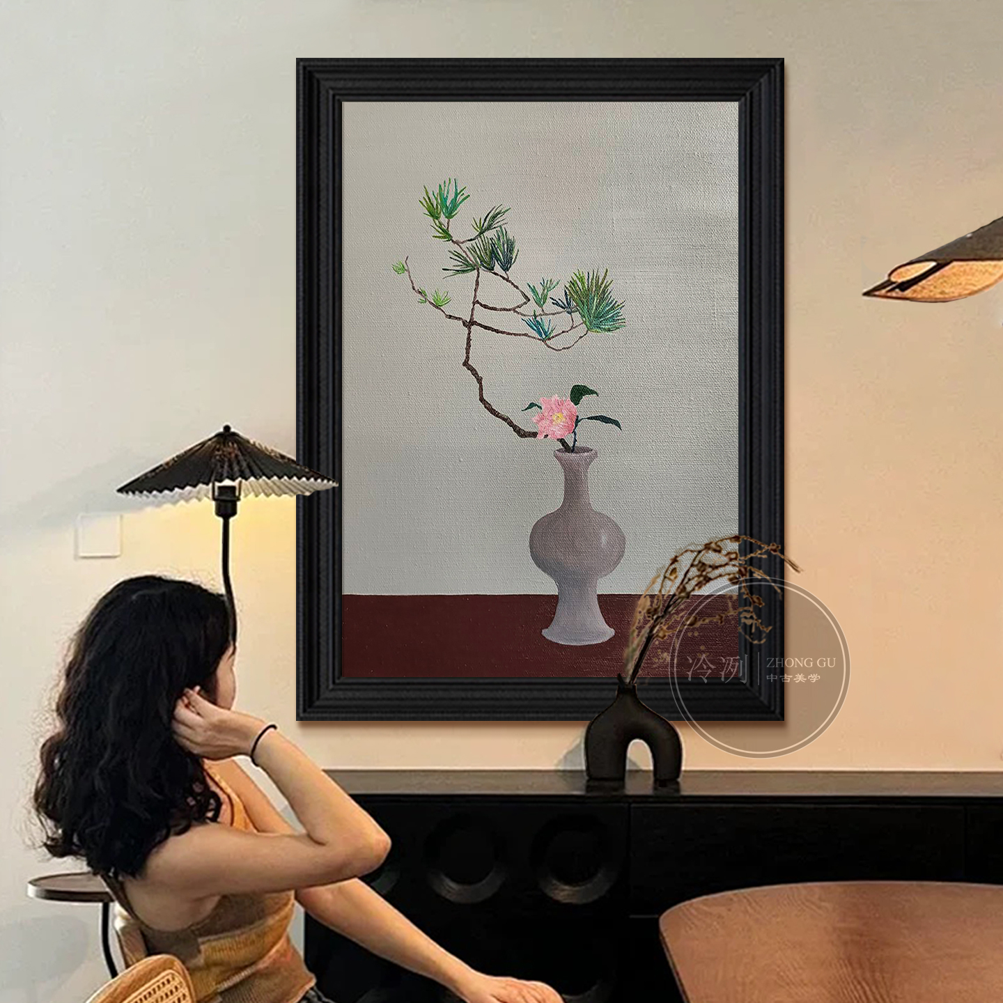 中古风客厅卧室装饰画绿植静物花瓶餐厅挂画入户玄关丙烯手绘油画图片