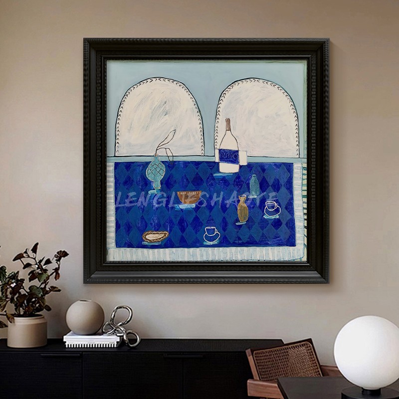 手绘油画马蒂斯蓝色系静物客厅装饰挂画小众艺术酒瓶玄关桌面摆件图片