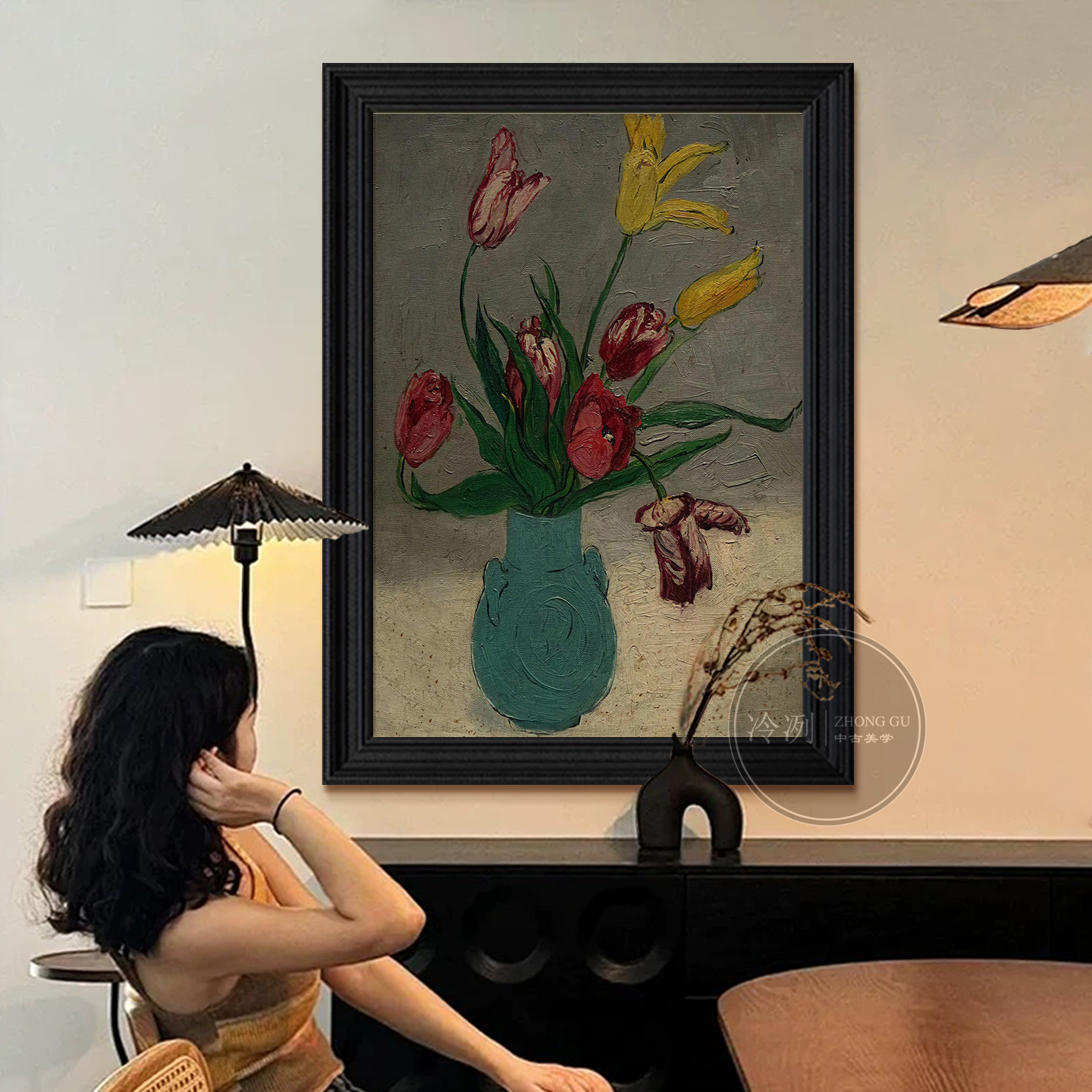 美式现代抽象彩色花卉客厅餐厅装饰挂画静物玄关中古风纯手绘油画图片