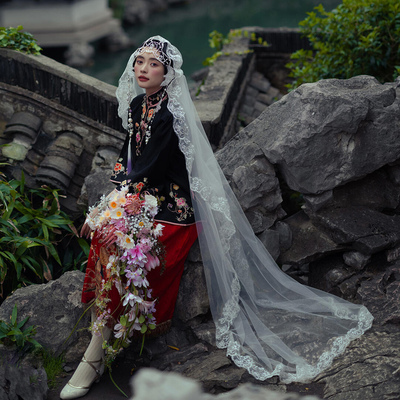 复古蕾丝花边头纱法式新娘主婚纱结婚高级感拖尾盖头超仙头饰白色