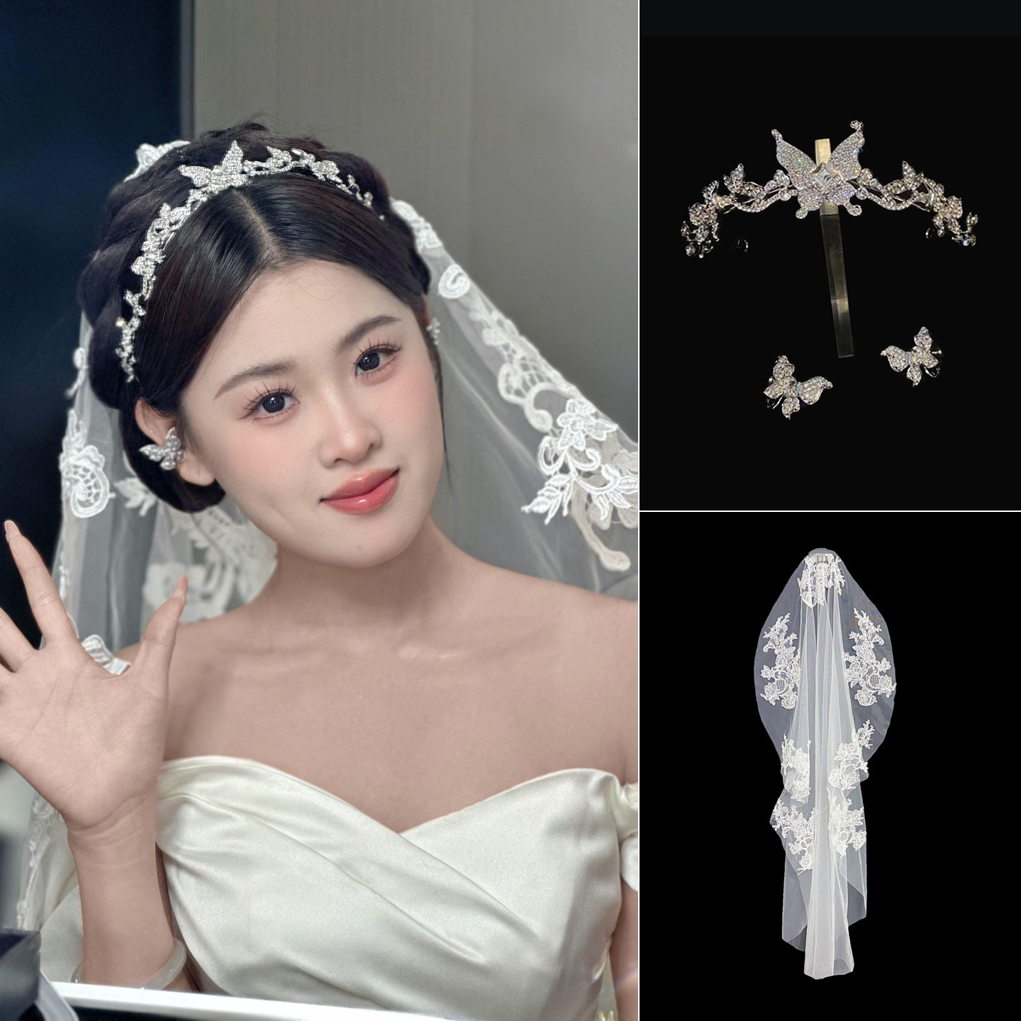 甜妹新娘皇冠高级感精致蝴蝶耳环头饰灵动结婚主婚纱礼服头纱王冠