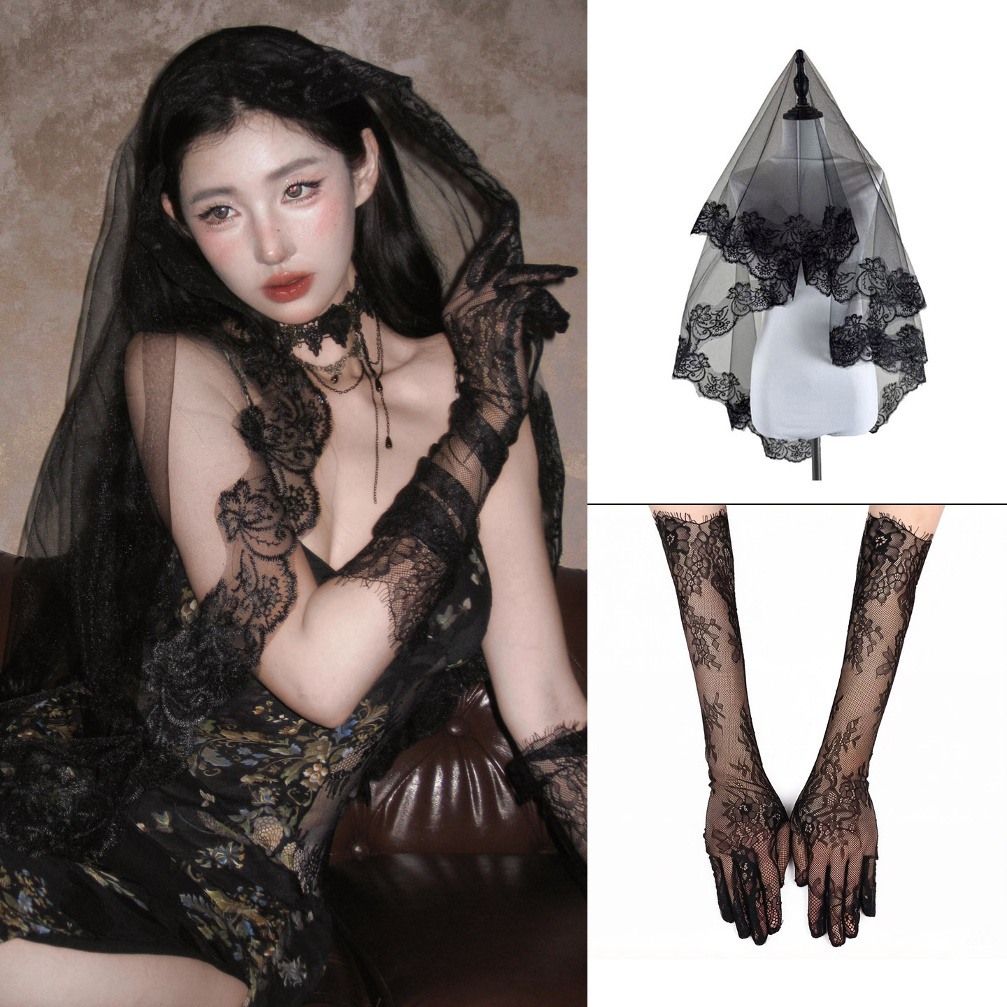 Lolita黑色蕾丝头纱手套万圣节cos暗黑哥特风鬼新娘头饰拍照道具