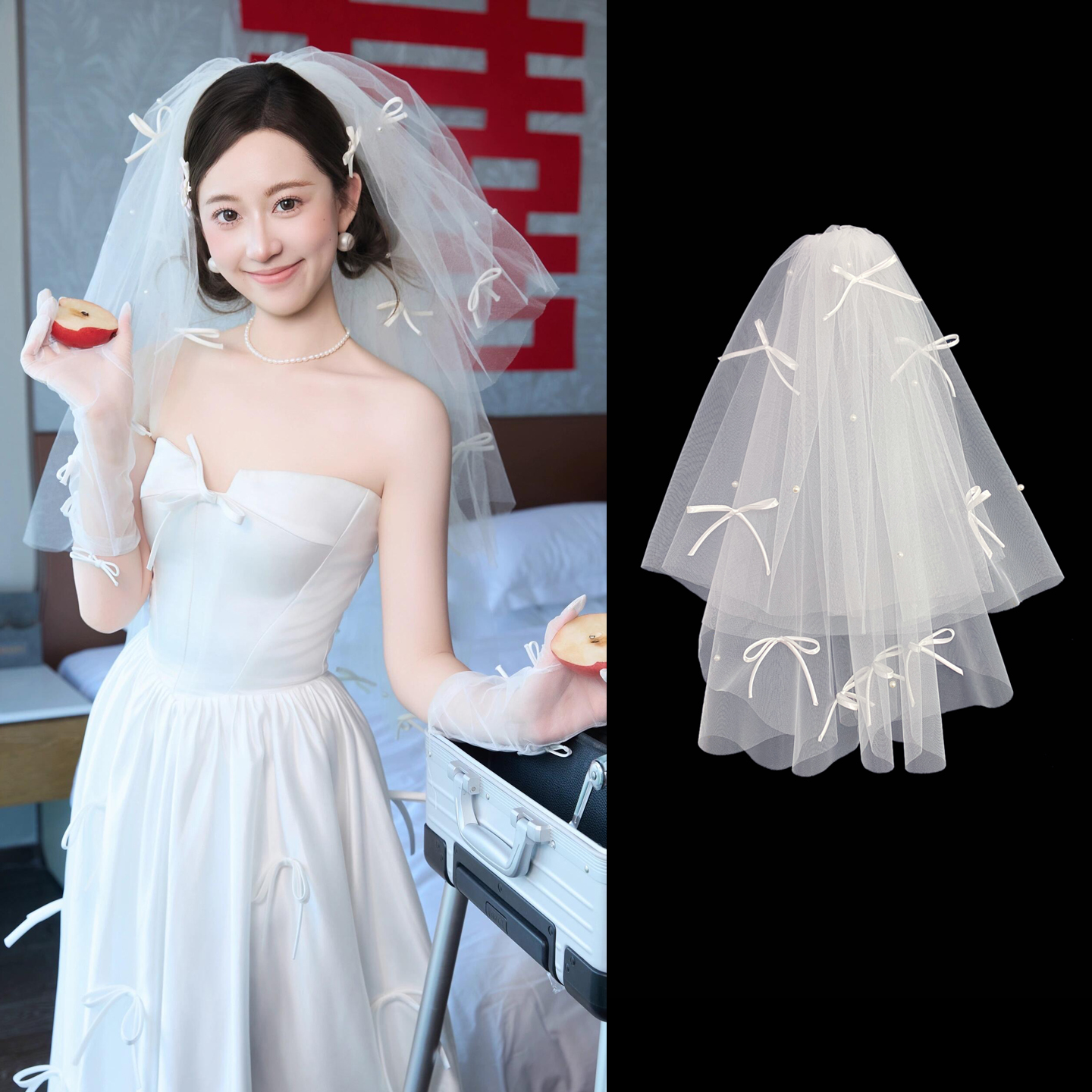 超仙手工蝴蝶结新娘头纱双层白色领证登记头饰求婚订婚礼拍照道具