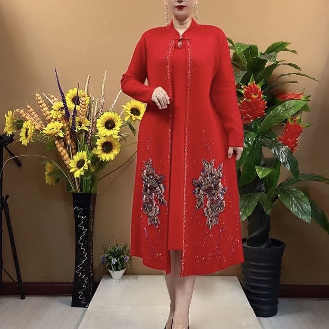 中式红色刺绣长款外套女中老年喜婆婆高贵立领连衣裙