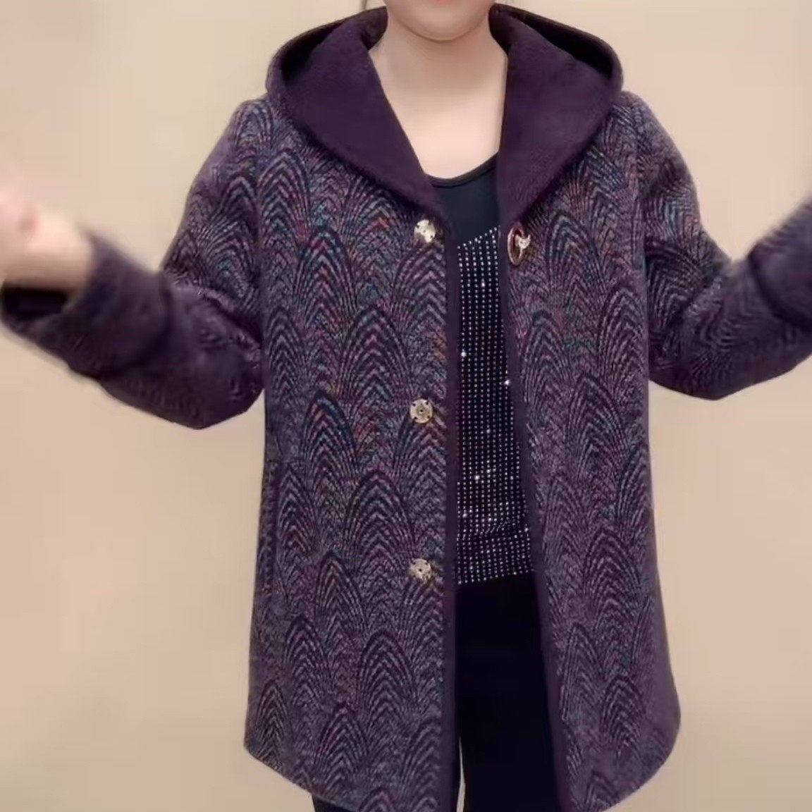 中老年妈妈装连帽仿貂绒