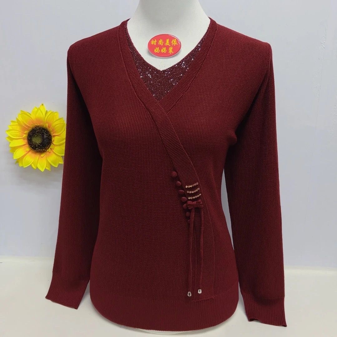V领纯羊毛针织衫女中老年