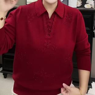 秋冬新款纯色花开针织衫翻领宽松打底上衣中老年妈妈长袖洋气毛衣