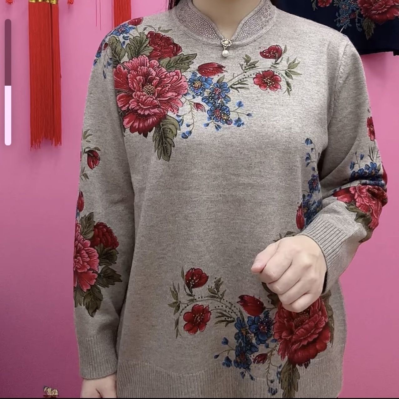 新中式花卉印花针织衫女2025秋季妈妈装减龄显瘦大码上衣