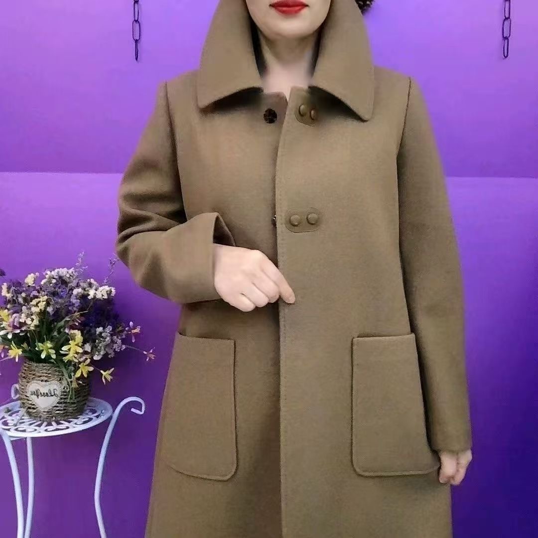 翻领双面呢大衣女中长款宽松时尚外套中年妈妈