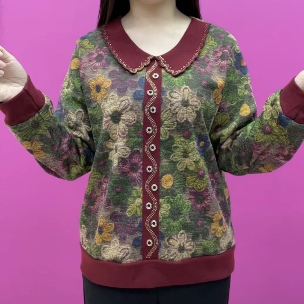 妈妈装娃娃领印花打底衫女秋季洋气减龄翻领上衣