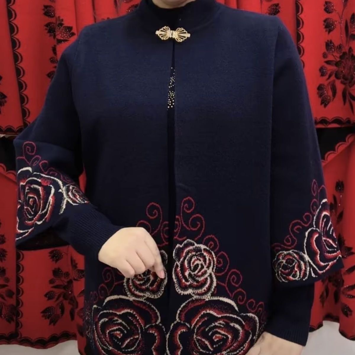 中式复古立领刺绣针织两件套女中老年国风盘扣宽松上衣藏青色