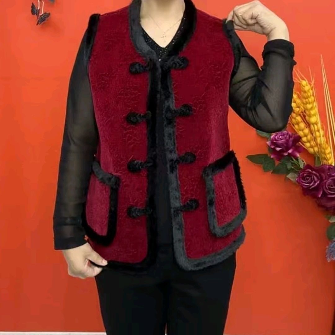 中老年妈妈秋冬奶奶中式马甲盘扣加绒背心女装坎肩加厚保暖外套