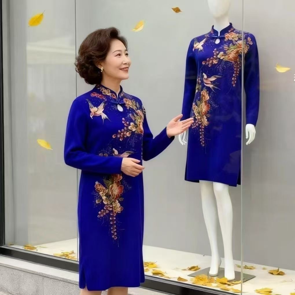 新中式刺绣旗袍裙女妈妈