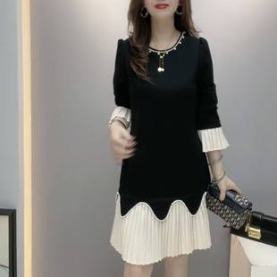 2026法式新款显瘦秋冬遮肉拼接大尺码洋装时尚女装洋派MM气质圆领