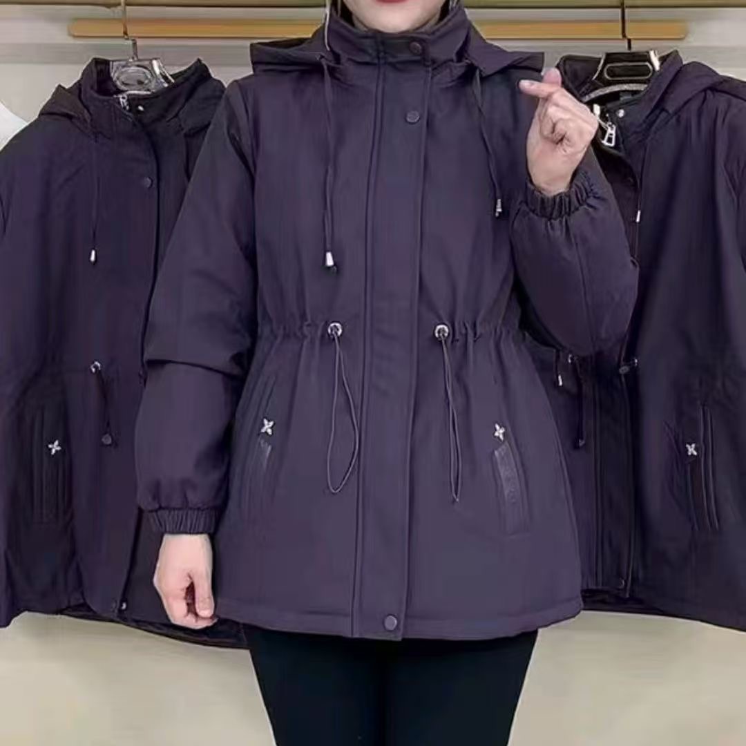 防寒保暖连帽外套女收腰抽绳休闲妈妈装冬季加厚中长款