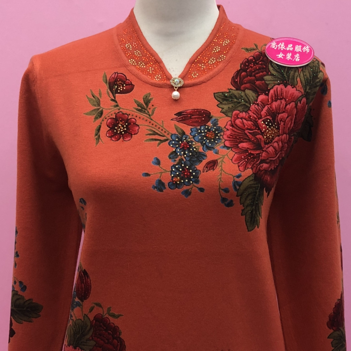 新中式妈妈装牡丹花针织