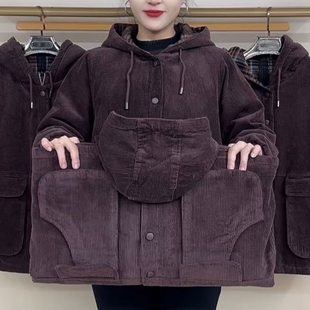 通勤妈妈装 时尚 中老年棉衣 条绒外套女冬季 格子拼接帽款