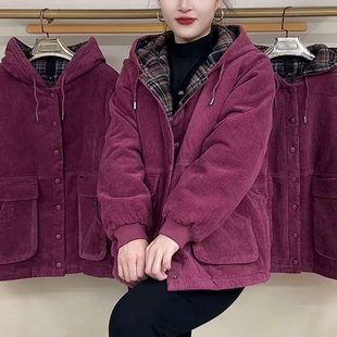 时尚 格子拼接帽款 妈妈装 新款 通勤棉衣 条绒外套女2025秋季