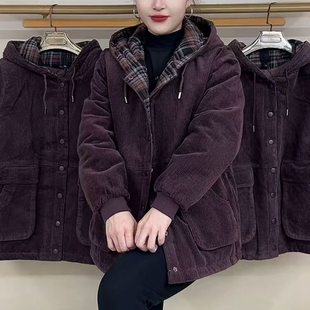 连帽格子拼接加厚保暖棉服 新款 大码 灯芯绒外套女2025秋季