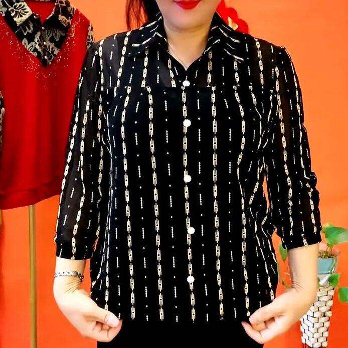 妈妈爆款高档遮肉显瘦七分上衣春季女士气质百搭小扣衬衫