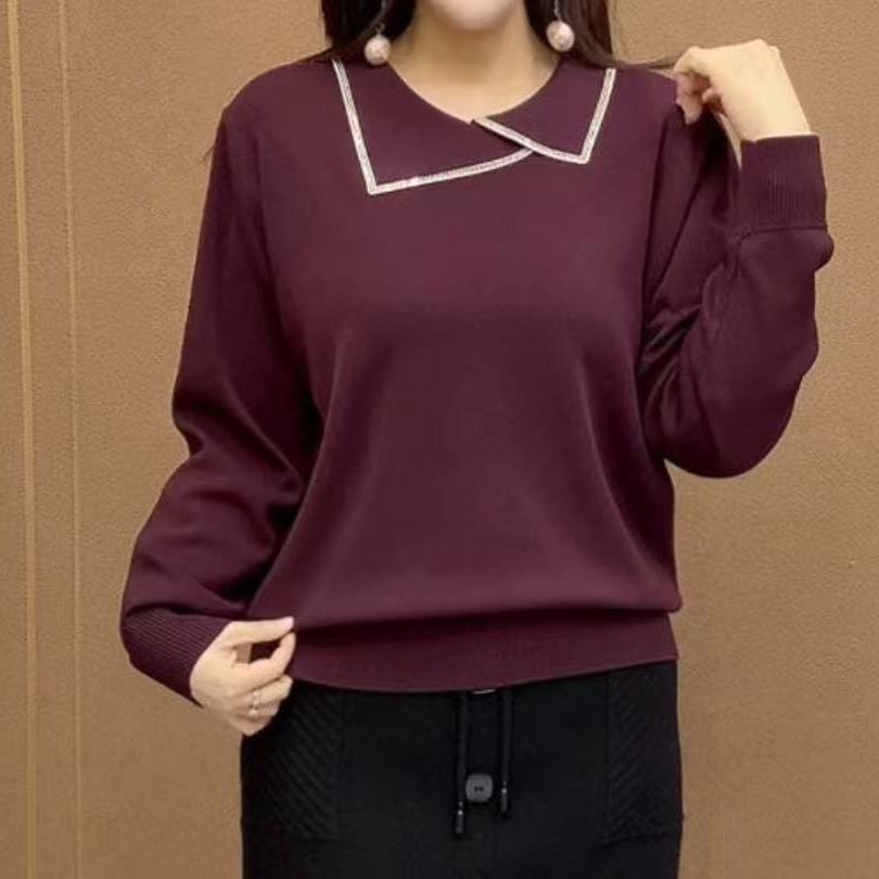 2025新款小翻领针织衫女长袖显瘦酒红色打底衫上衣